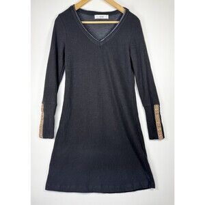 Able Dress Small Black Gray Long Sleeve V Neck Boho Embroidered Trim Made in USA